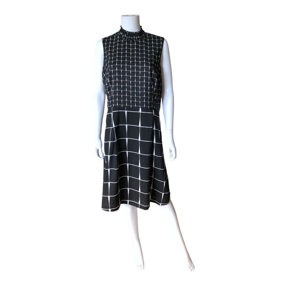 Who What Wear Dress Women L Black White Grid Sleeveless Midi Mock Neck Fit Flare